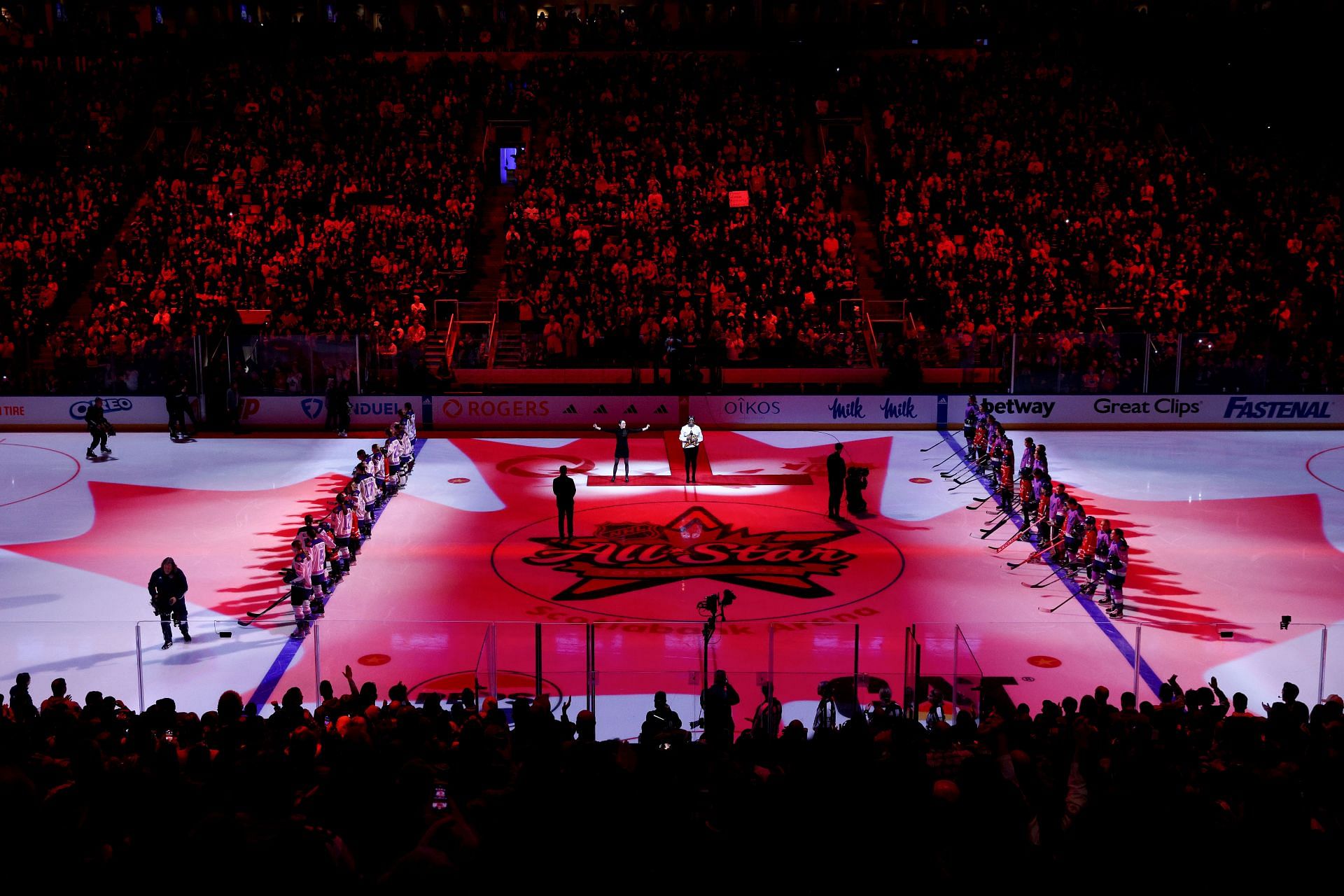 The PWHL lining up for the national anthem at Scotiabank Arena