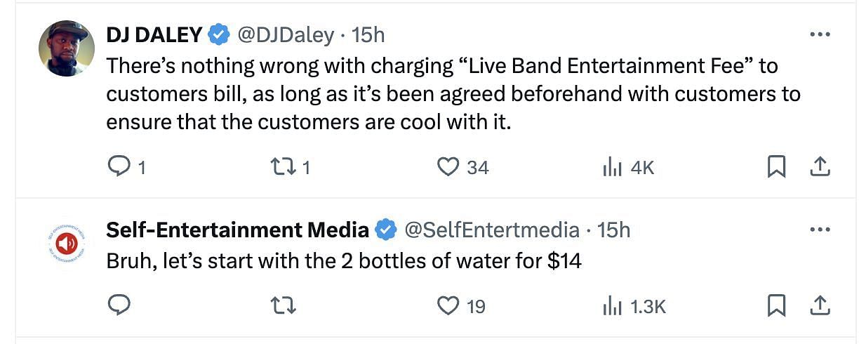 Social media users were left surprised when a restaurant forcefully charged the customers $20 for a Live Band performance. (Image via @DailyLoud/X)