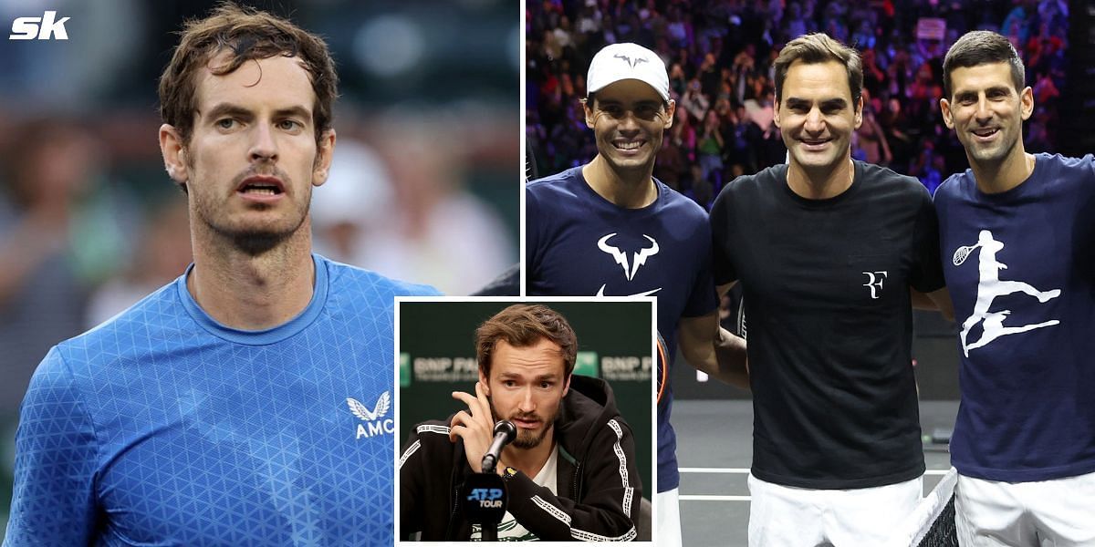 Andy Murray (L); Rafael Nadal, Roger Federer, Novak Djokovic (R); Daniil Medvedev (inset)