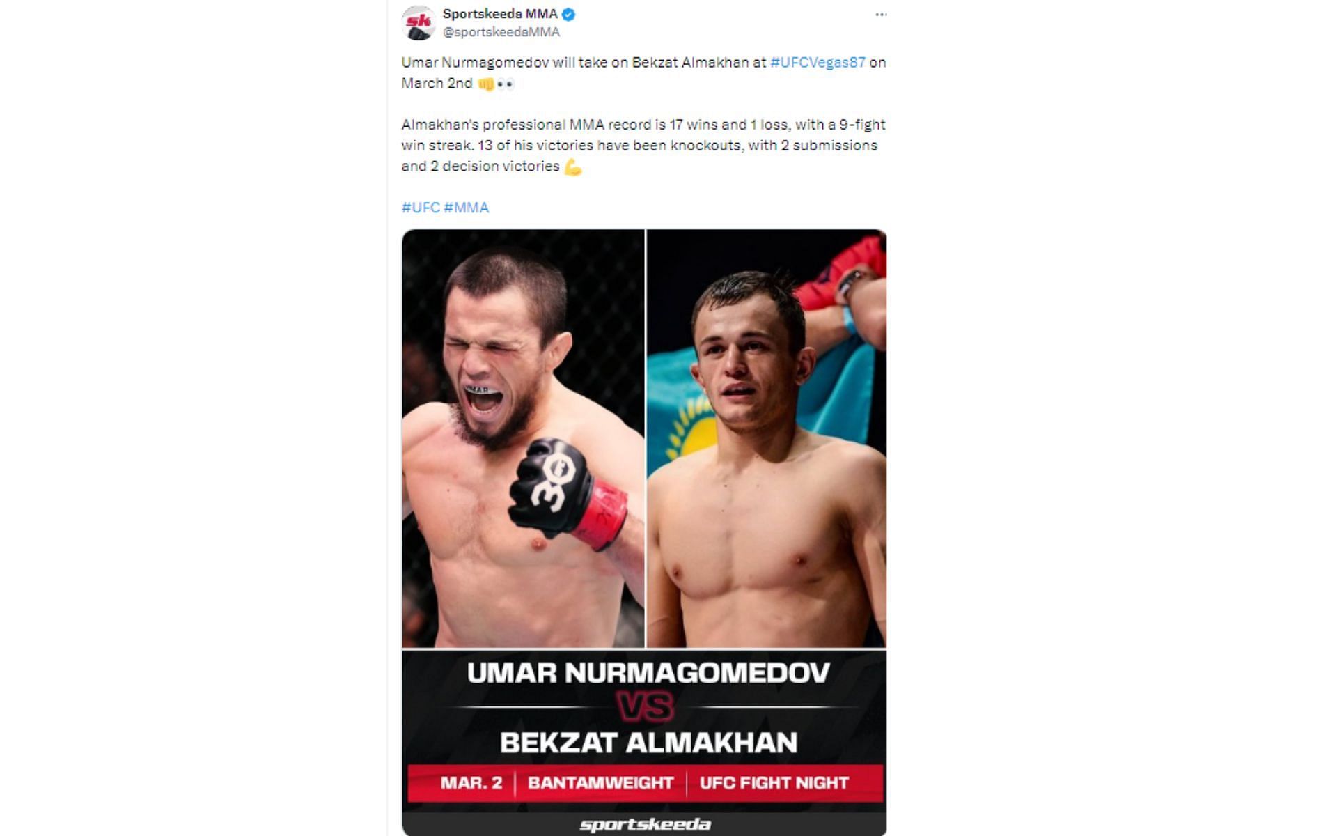 Tweet regarding Umar Nurmagomedov&#039;s next bout [Image courtesy: @sportskeedaMMA - X]