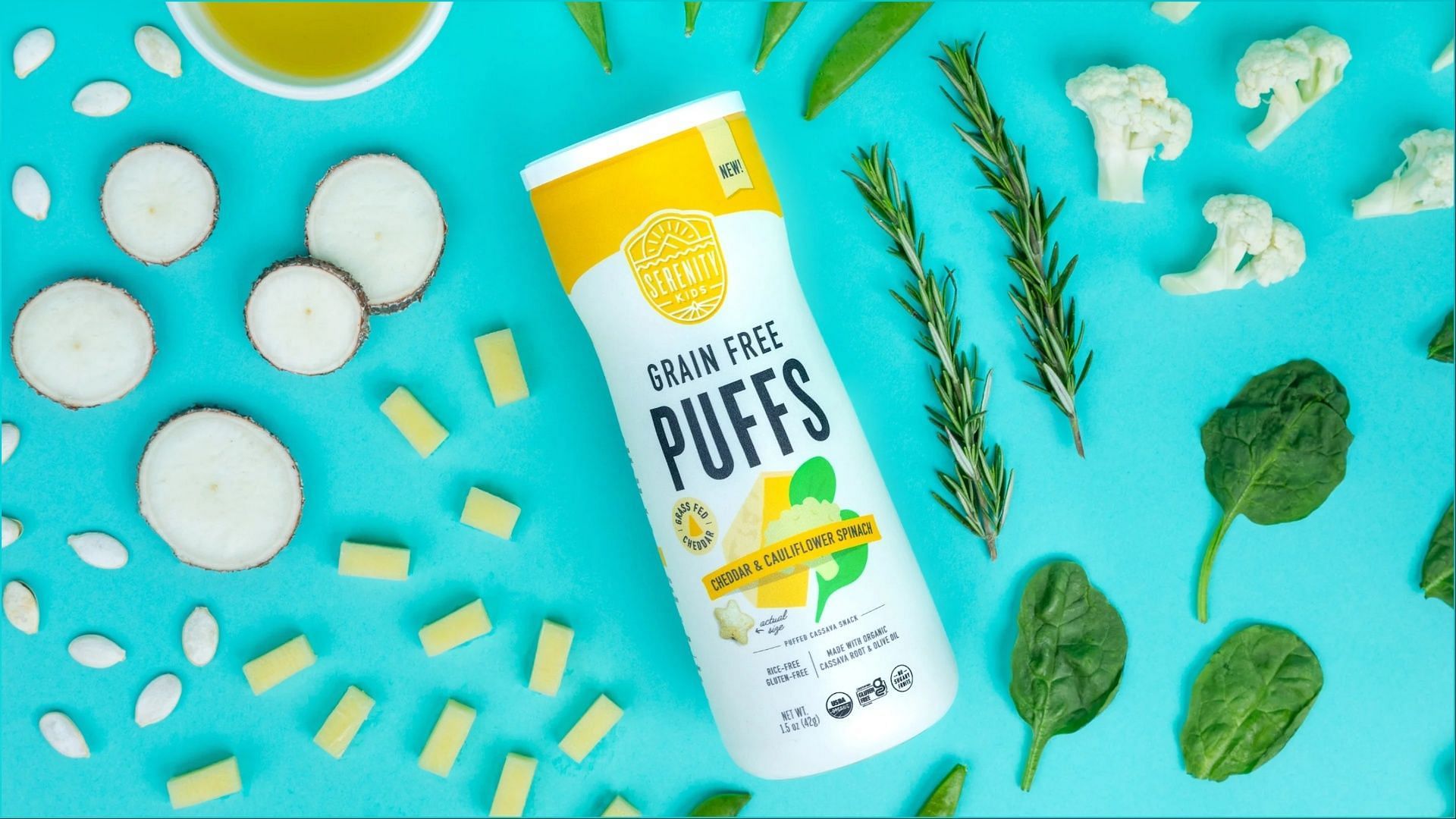 The new White Cheddar with Cauliflower &amp; Spinach puffed snack is priced at over $5.49 (Image via Serenity Kids)