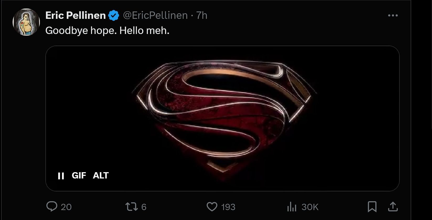 A tweet reply to CC&#039;s post about Superman&#039;s new logo (Image via X/@EricPellinen)
