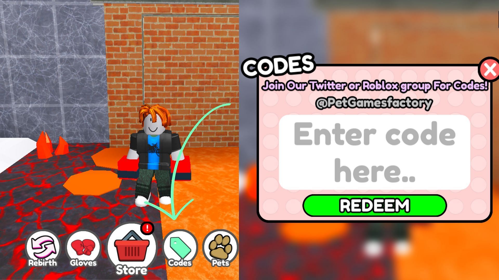 Codes icon and code box in Punch Dragons Simulator (Roblox||Sportskeeda)