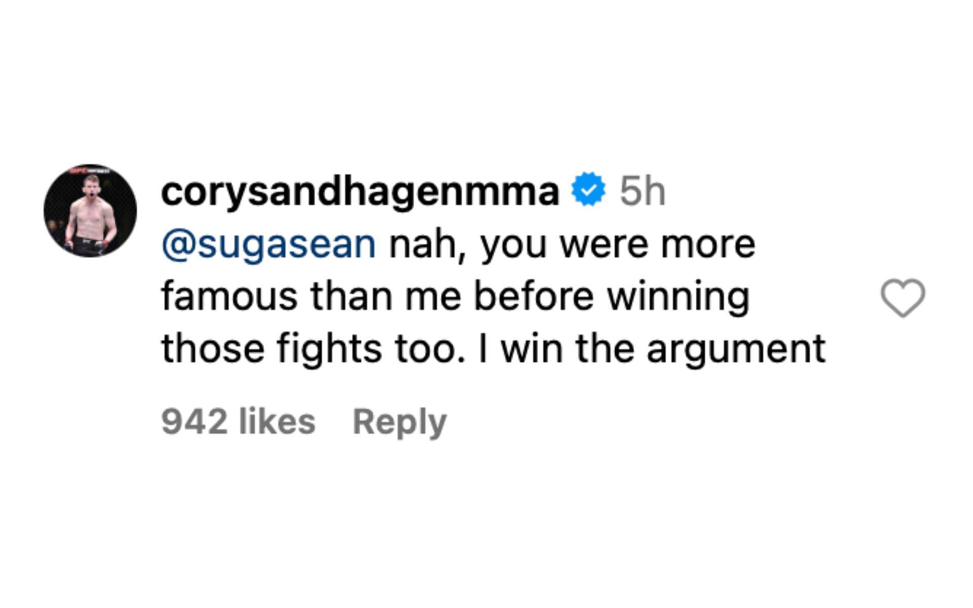 Cory Sandhagen responding to Sean O&#039;Malley&#039;s statement that his popularity stems from recent victories [via @mmafighting on Instagram]