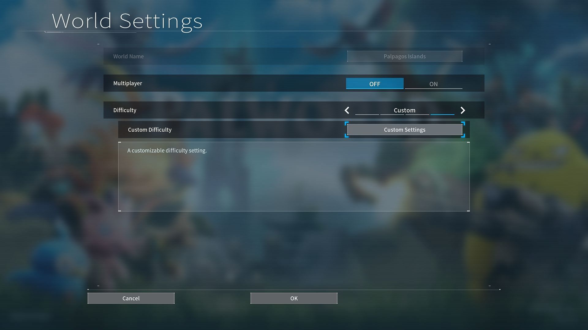 Custom world settings in Palworld can be selected from the menu. (Image via Pocketpair, Inc.)