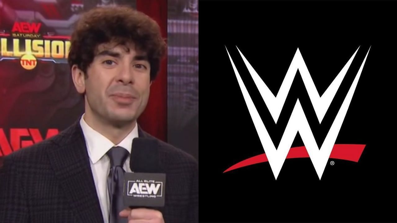 AEW president Tony Khan (left) and WWE logo (right)