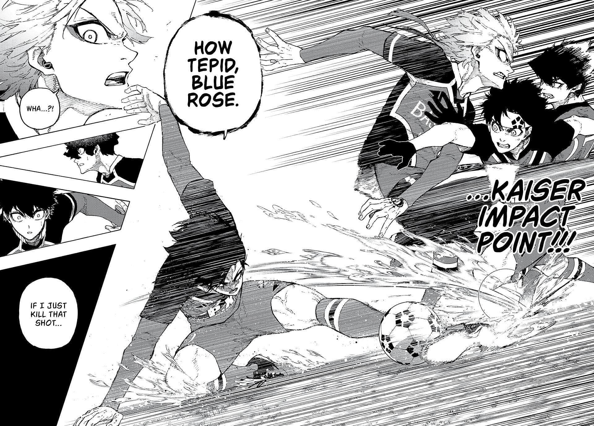 Rin stopping Kaiser&#039;s shot in the Blue Lock manga (Image via Kodansha)