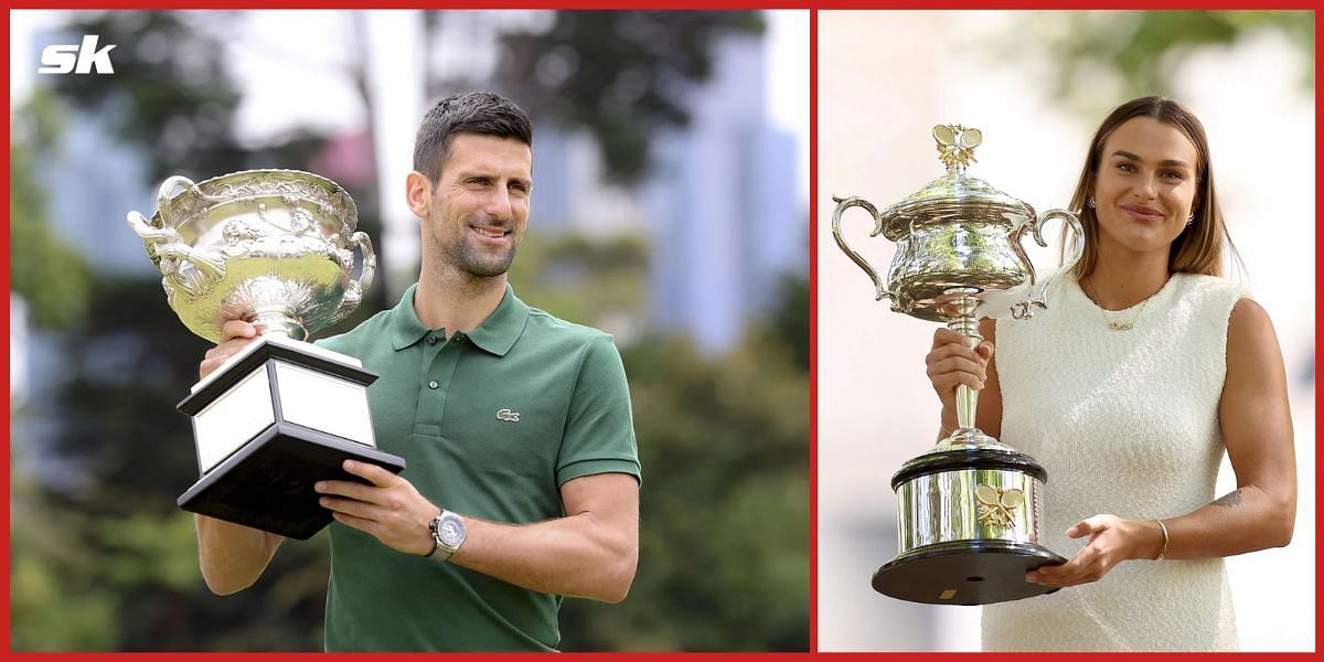 Novak Djokovic and Aryna Sabalenka with Australian Open trophies.