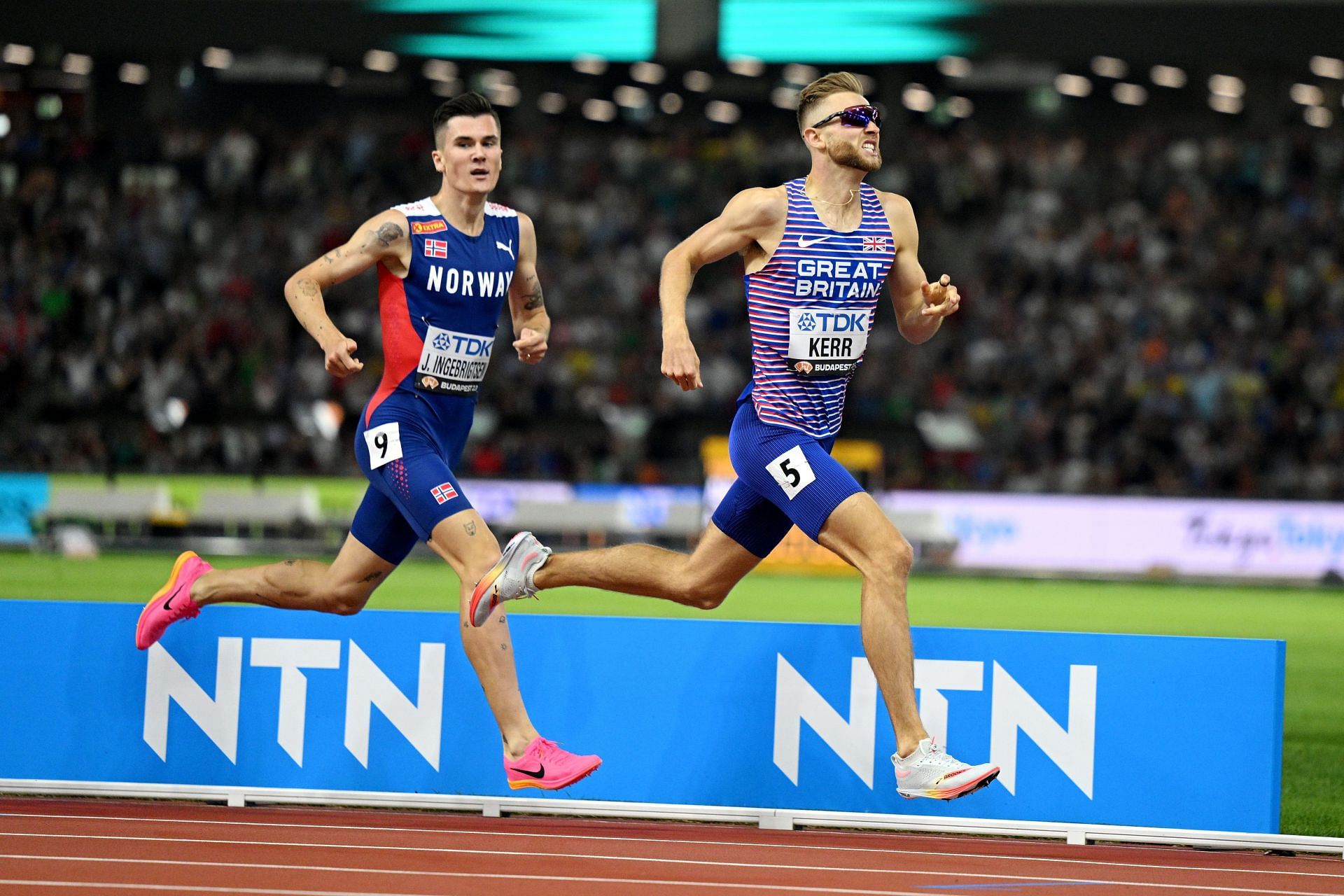 Jakob Ingebrigtsen of Team Norway and Josh Kerr of Team Great Britain compete in the Men&#039;s 1500m Final during the 2023 World Athletics Championships at the National Athletics Centre in Budapest, Hungary.