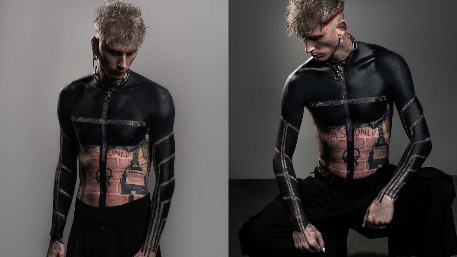 Machine Gun Kelly showing off his latest ink (Image via Instagram/ @machinegunkelly, @roxx____)