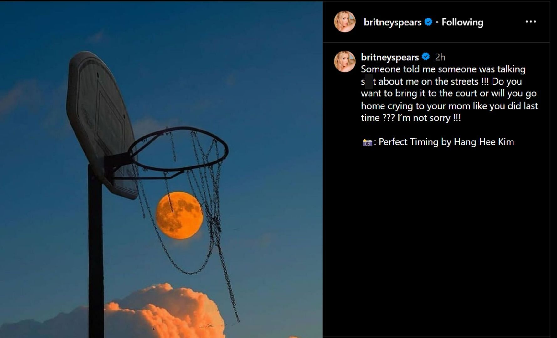 Britney Spears seemingly responded to Justin&#039;s shade (Image via Instagram/@britneyspears)