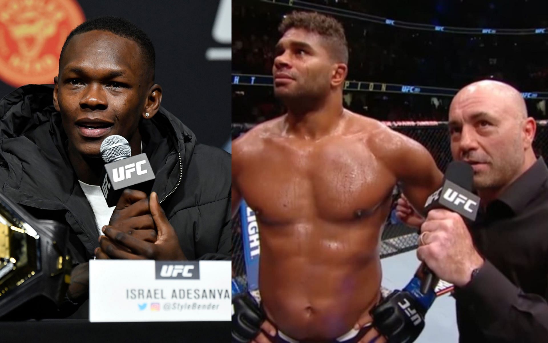Israel Adesanya (left) and Alistair Overeem with Joe Rogan (right). [via Getty Images and UFC on YouTube]