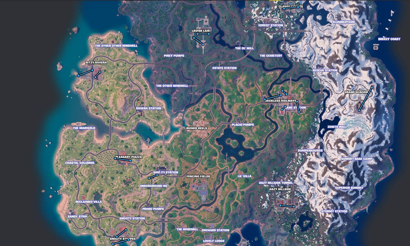 Location of all Sewer Pipes in Fortnite Chapter 5 Season 1 (Image via Fortnite.GG)