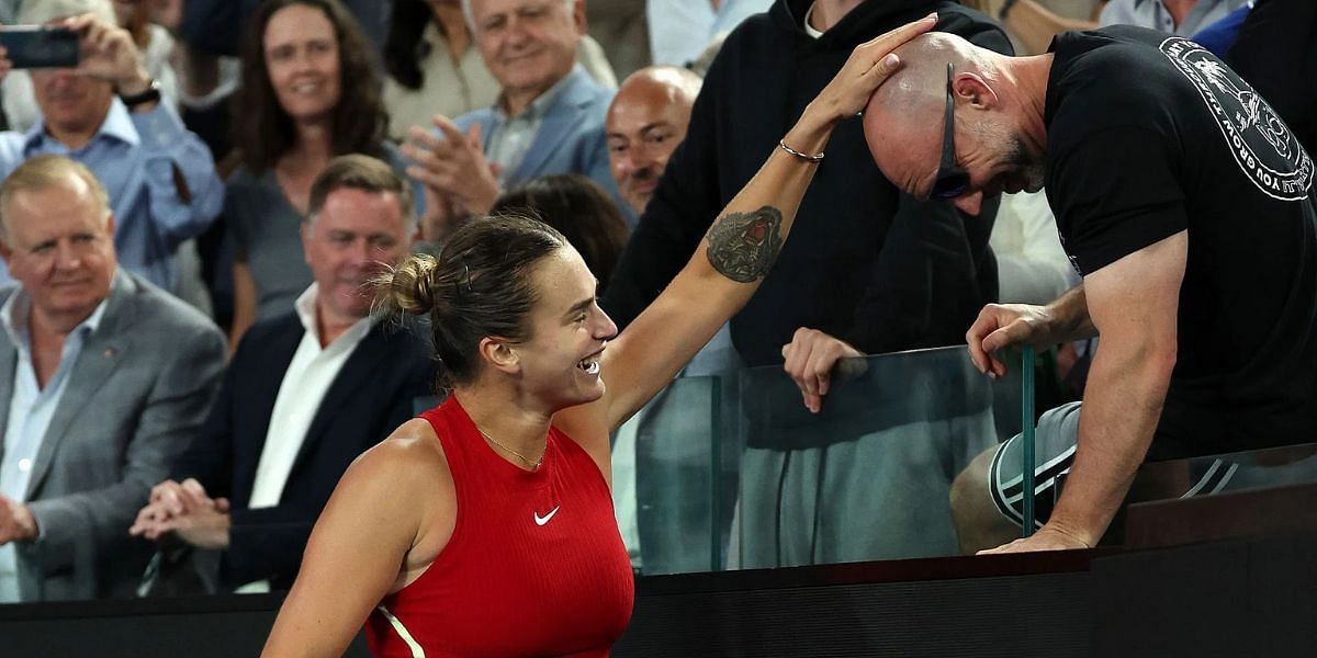 Aryna Sabalenka Jason Stacy&#039;s head after the Australian Open 2024 title win