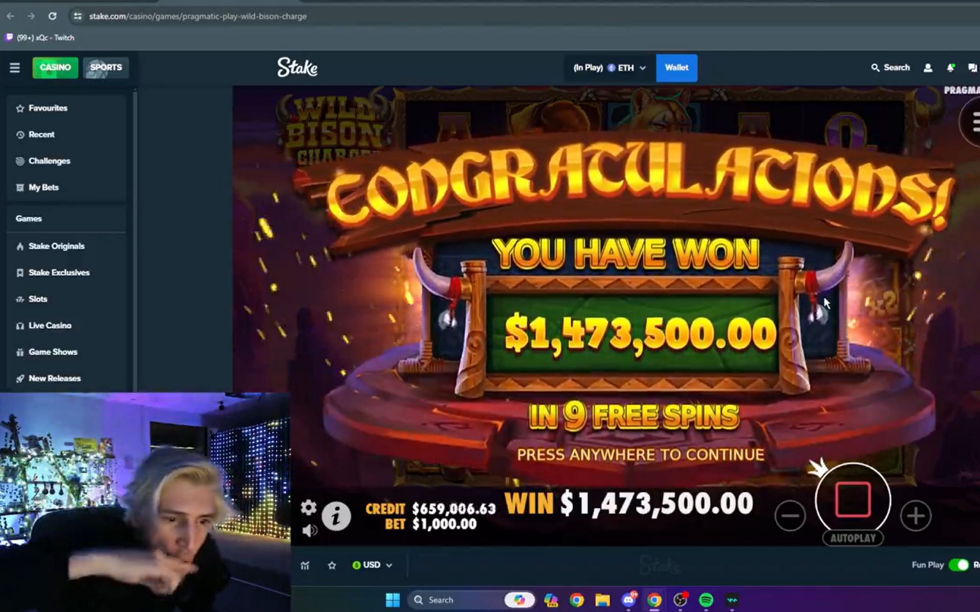 xQc bags $1.4 million during gambling stream (Image via @iqkev/X)