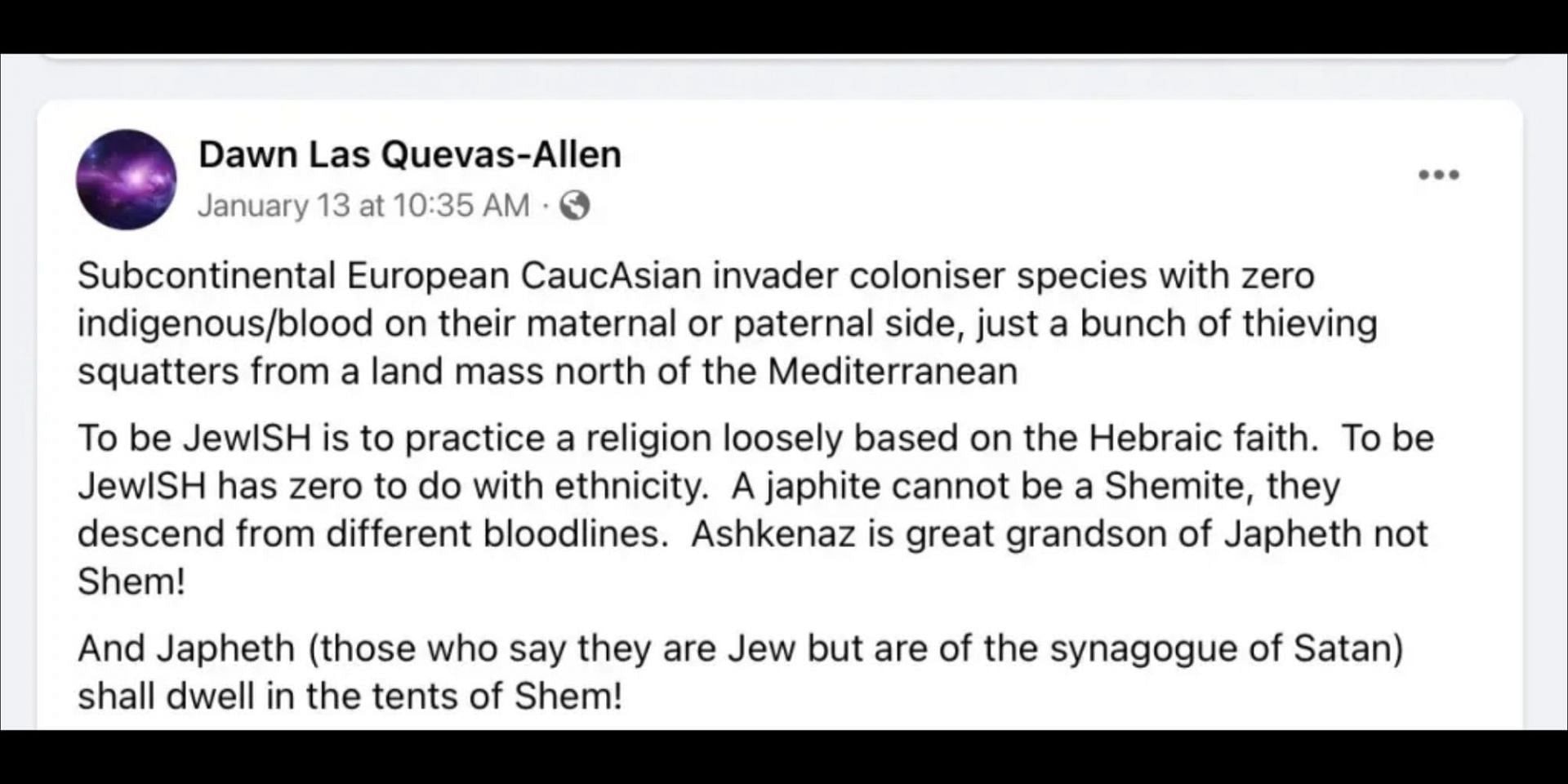 Dawn&#039;s antisemitic post. (Image via Facebook/Dawn Las Quevas-Allen)