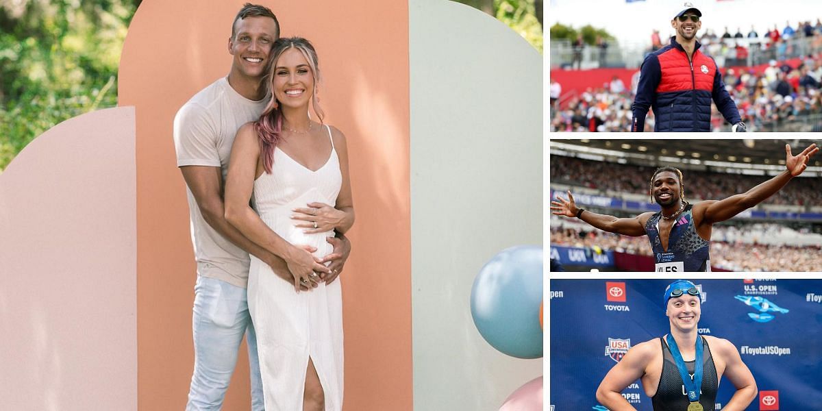 Michael Phelps, Katie Ledecky and Noah Lyles congratulate Caeleb Dressel and wife Meghan Dressel on the arrival of the new born baby.