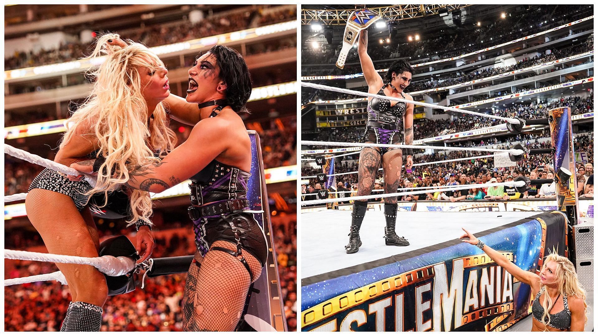 Stills from Rhea Ripley vs. Charlotte Flair at WWE WrestleMania 39.