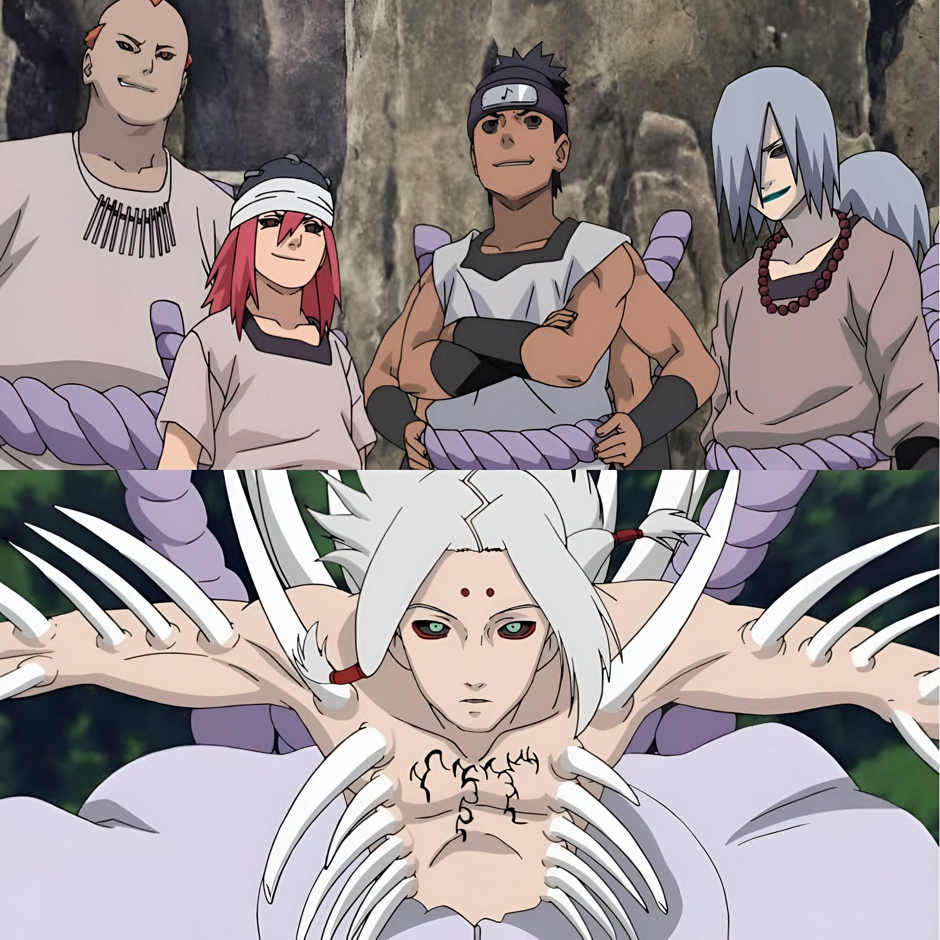The Sound Four (top) and Kimimaro (bottom) as seen in the anime (Image via Studio Pierrot)