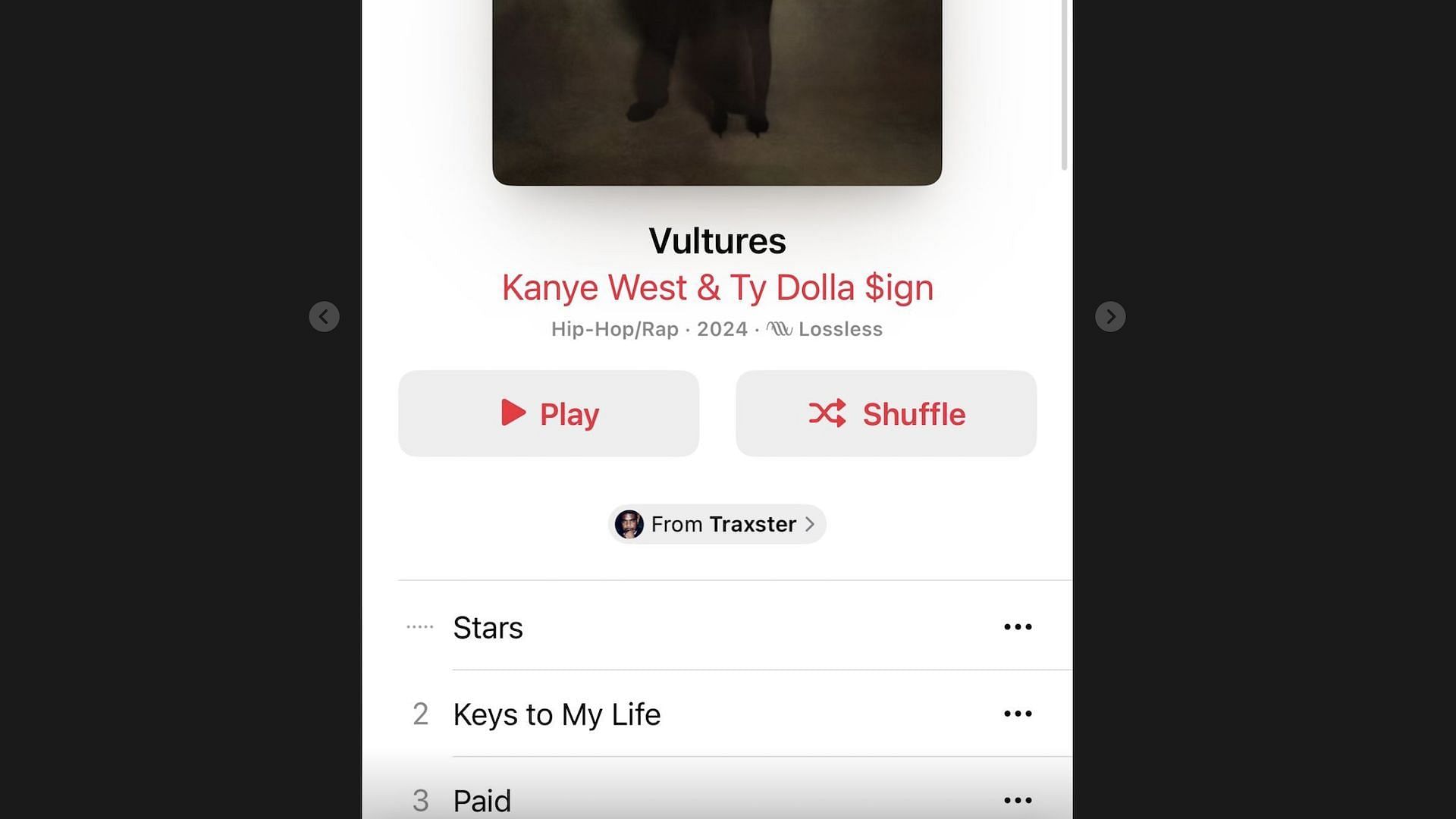 A story posted by Ye confirming Vultures by Kanye West and Ty Dolla $ign is officially out now on Apple Music (Image via kanyewest/Instagram)