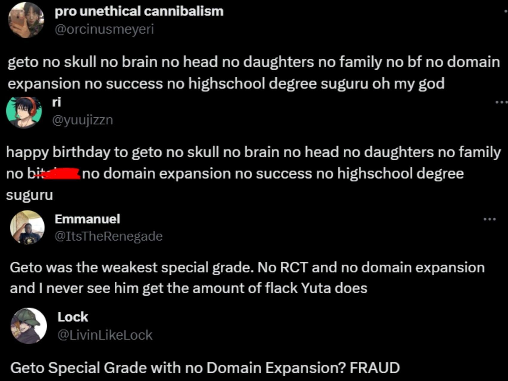 Fans troll Geto for not having Domain Expansion (Image via X)