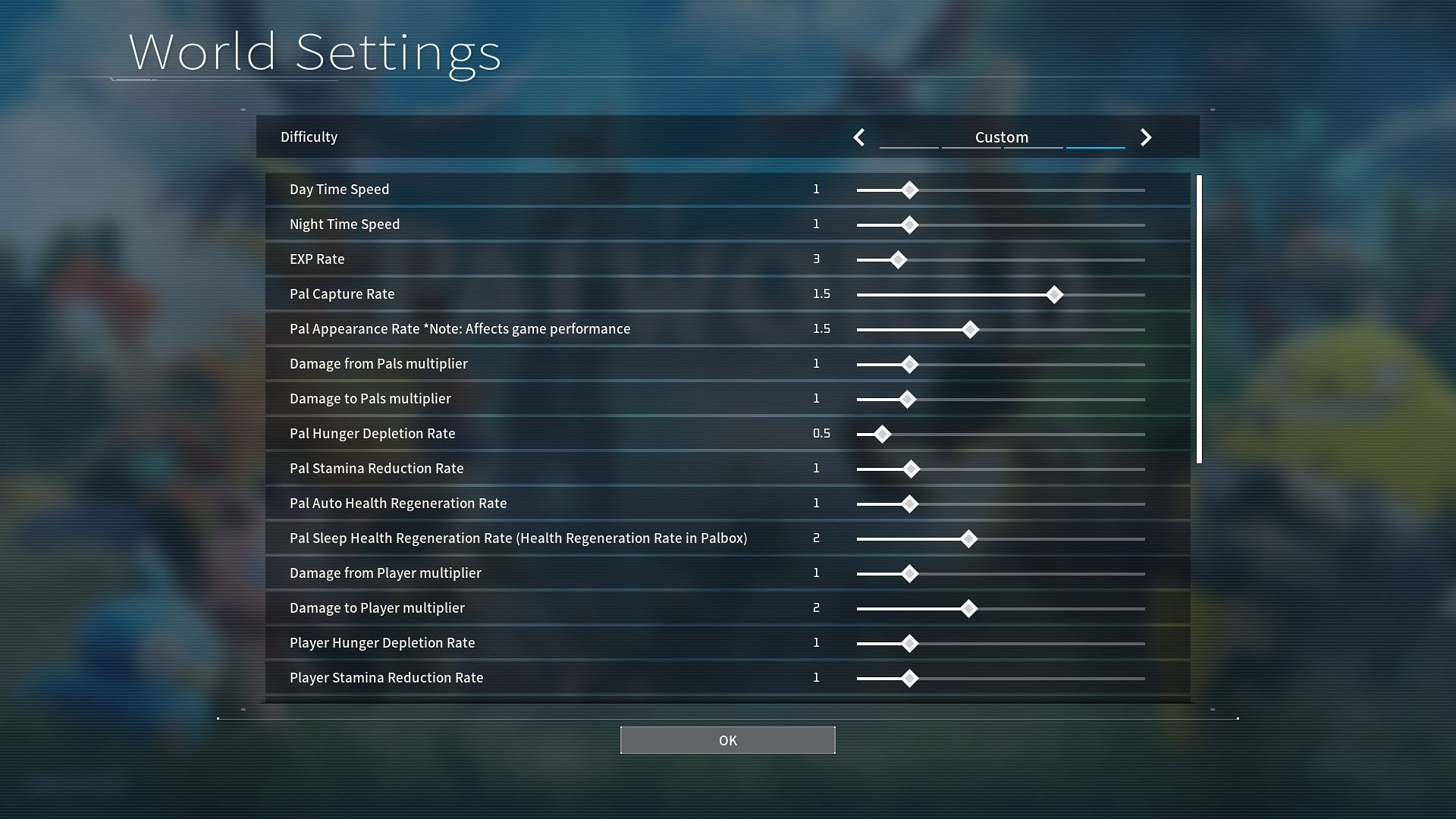 Custom world settings in Palworld for balanced mode. (Image via Pocketpair, Inc.)