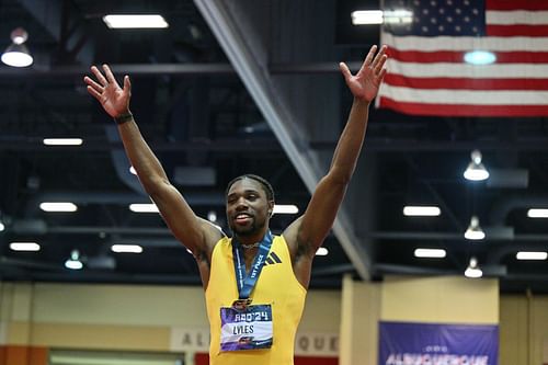 Noah Lyles reacts after winning the Men's 60m Dash Final at the 2024 USATF Indoor Championships.(Photo by Sam Wasson/Getty Images)