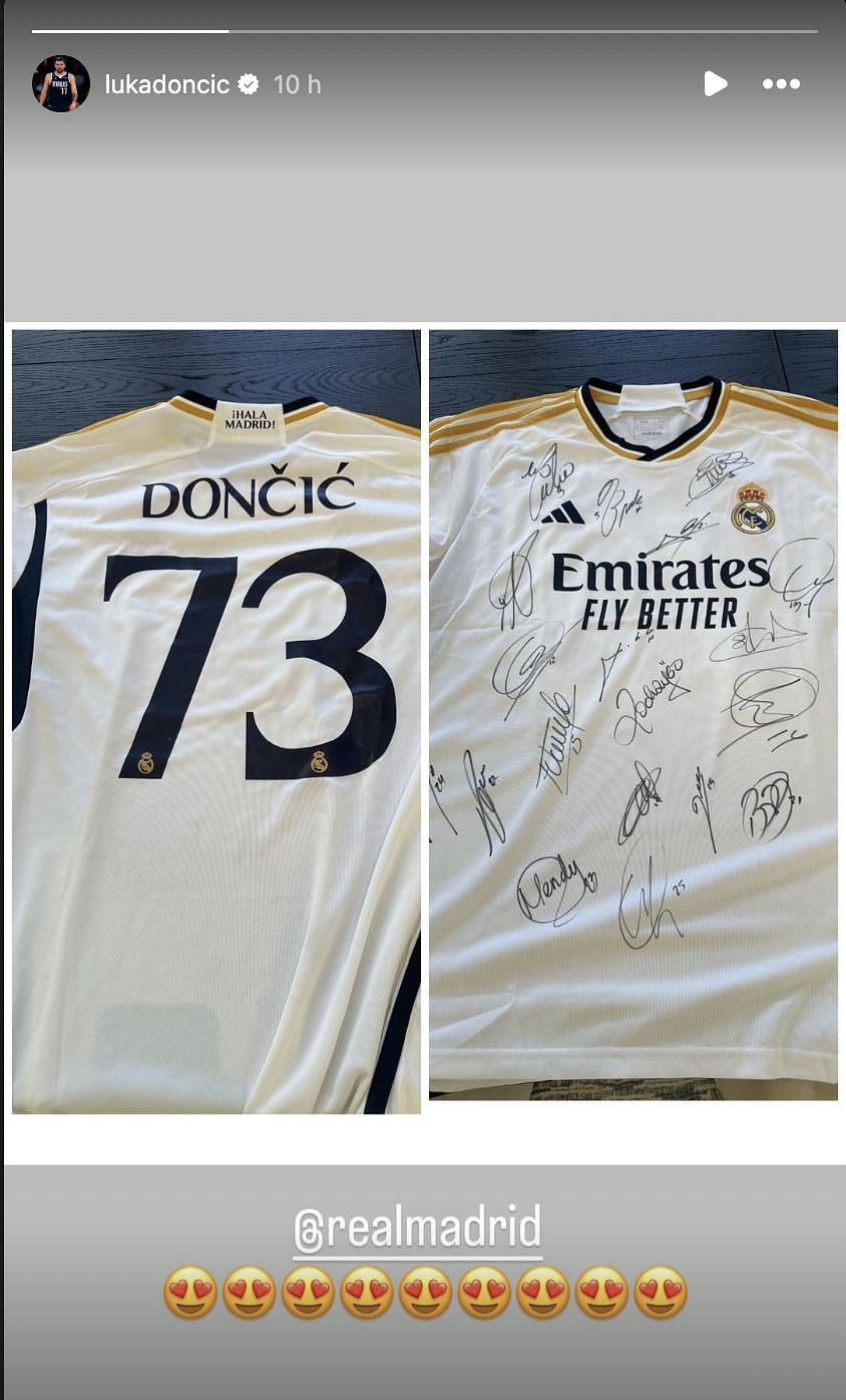 Luka Doncic showed off his jersey autographed by the entire Real Madrid team