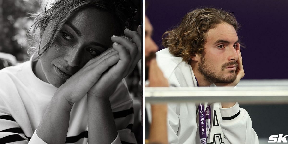 Paula Badosa reacts to Stefanos Tsitsipas falling over while watching her first-round match in Doha