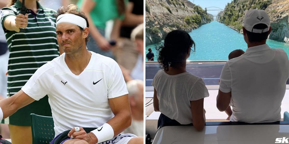 Rafael Nadal (L) with his wife Maria Francisco Perello and son (R)