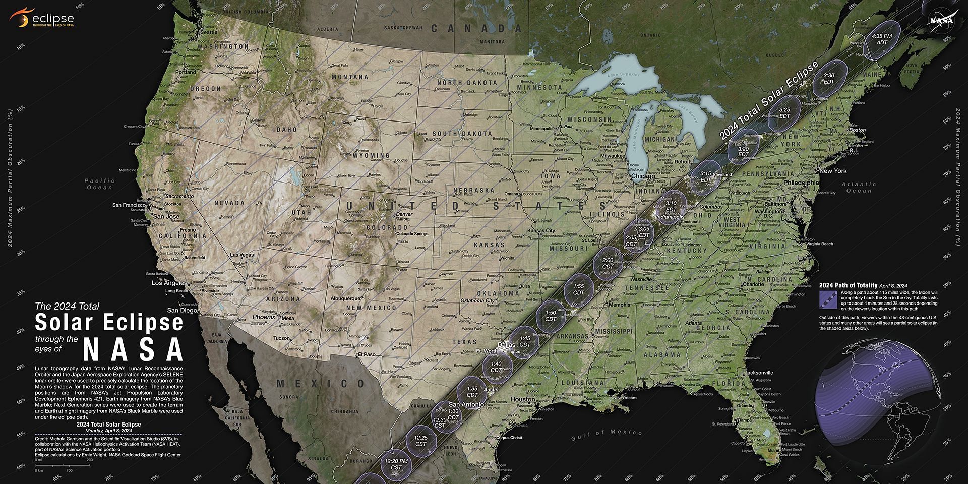 The map for the path of the total solar eclipse (Image via NASA&#039;s Scientific Visualization Studio)
