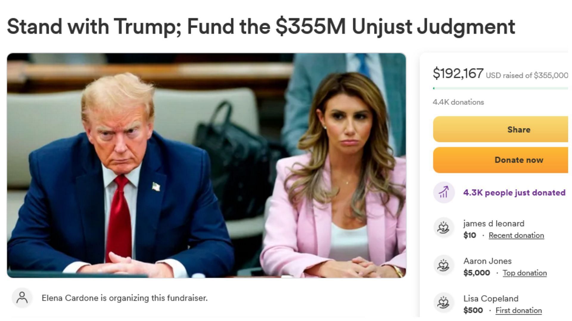 The GoFundMe page is dedicated to raising money to pay Trump&#039;s fine. (Image via GoFundMe)