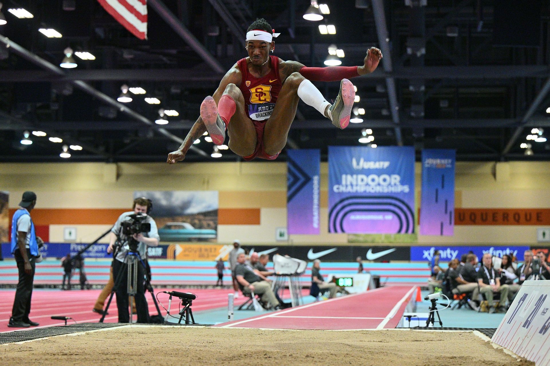 Johnny Brackins in the Men&#039;s Long Jump during the 2024 USATF Indoors. (Photo by Sam Wasson/Getty Images)