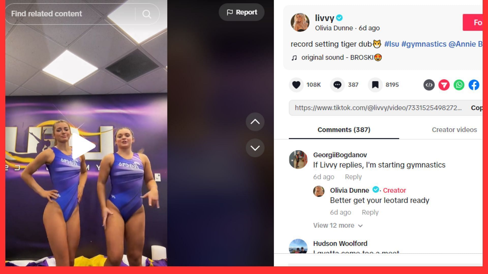 Fan claims she will start gymnastics if Dunne replied to her comment