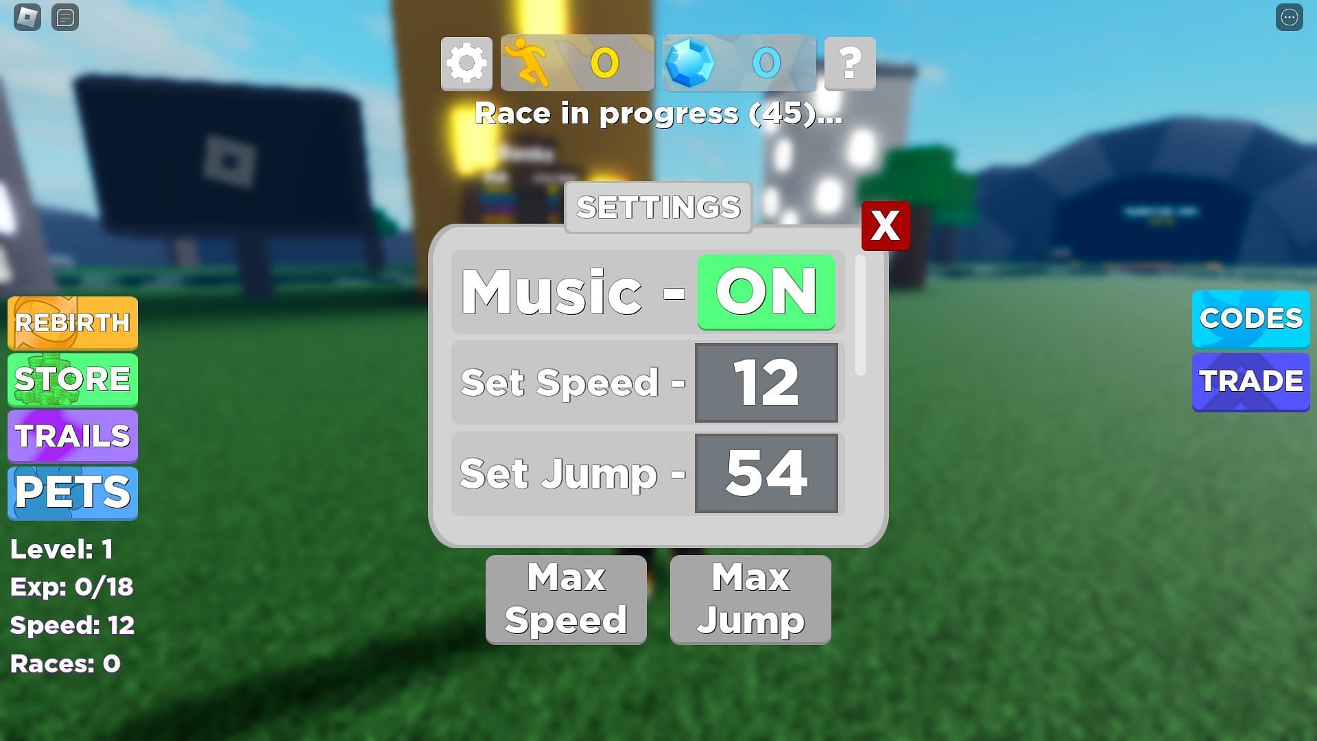 Settings screen in Legends of Speed (Image via Roblox)