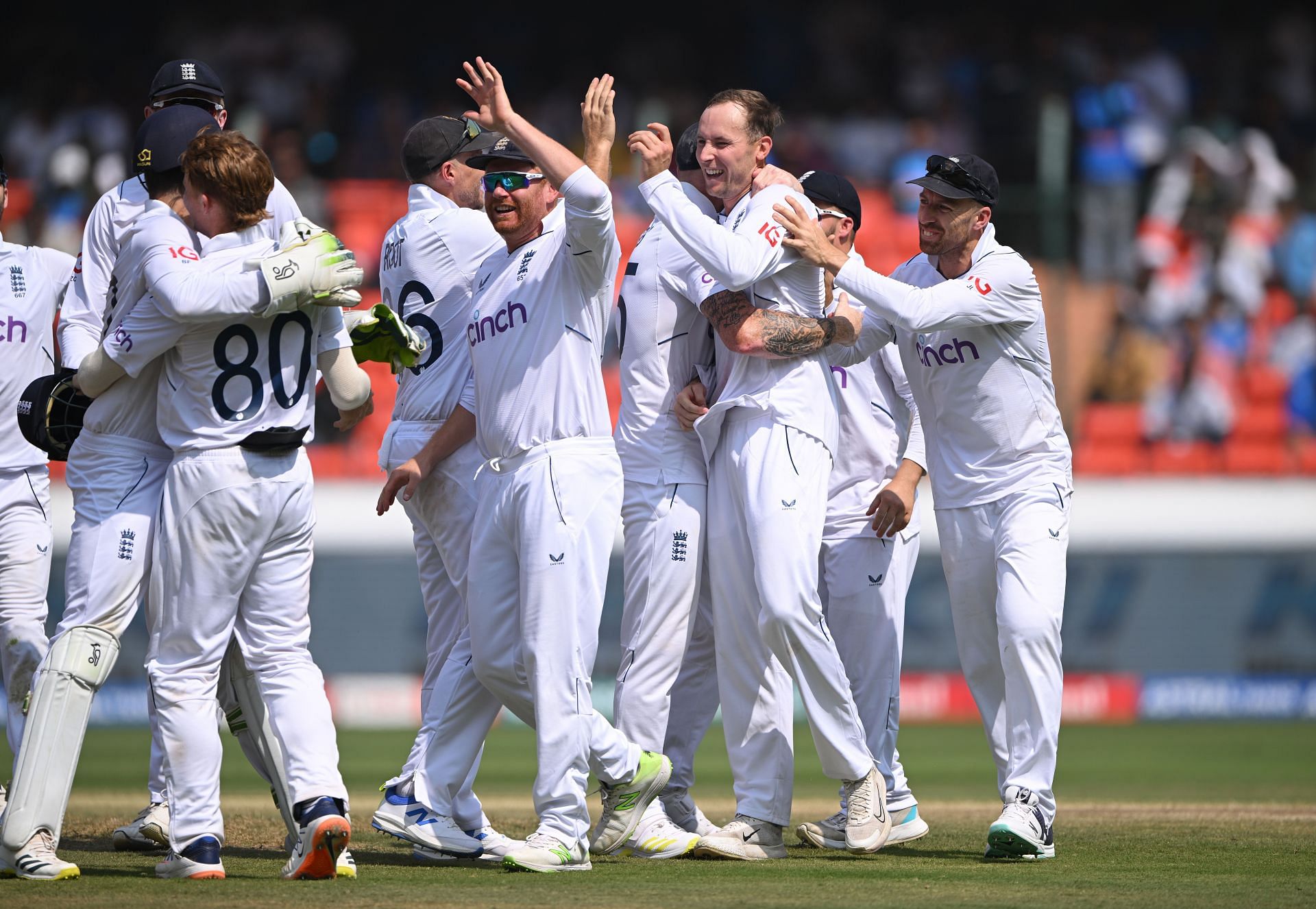 England players celebrating a wicket in Hyderabad. (Pic: Getty Images)