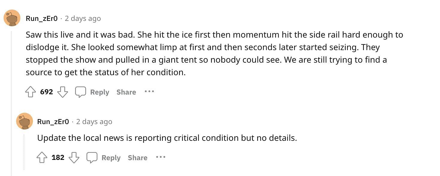 Social media users left concerned as ice skater falls during Disney show Minneapolis: Details revealed as a performer is reportedly in serious condition. (Image via Reddit)