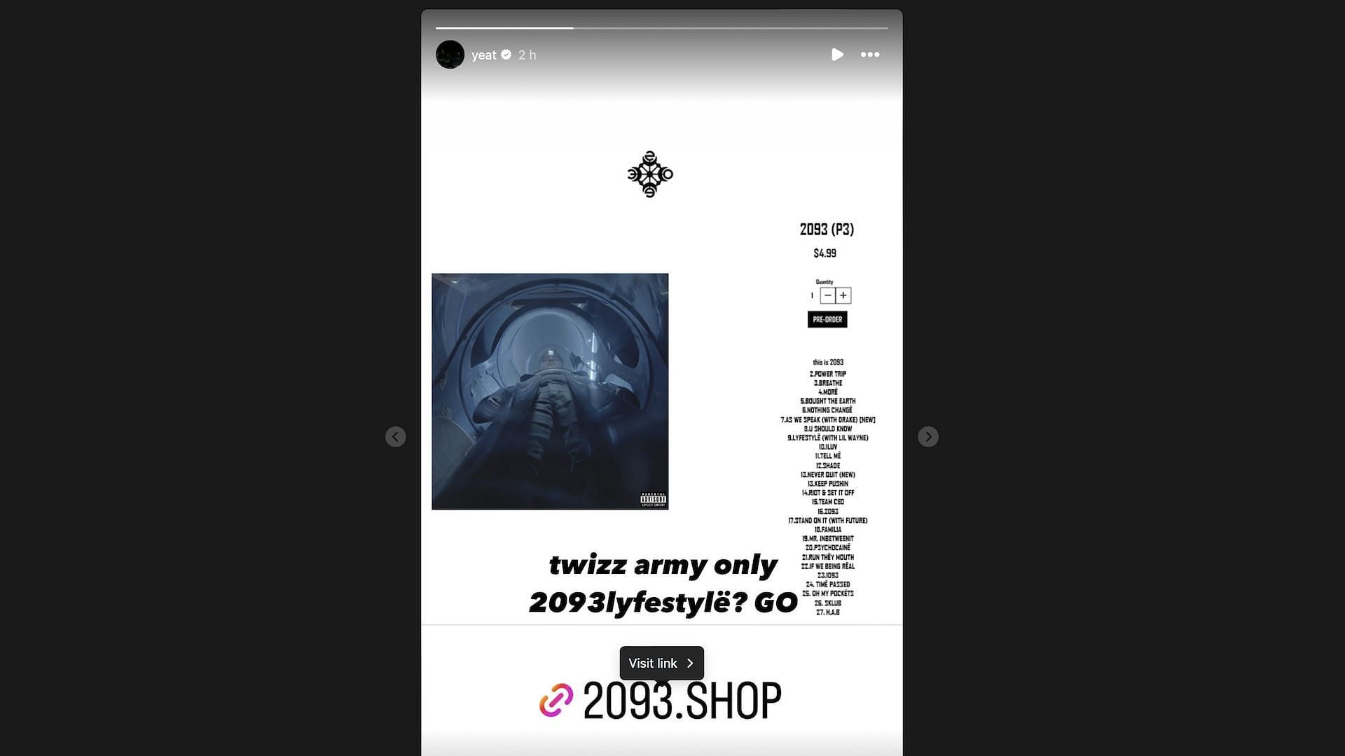 Screenshot of Yeat&#039;s Instagram story post about &#039;2093 (P3)&#039; (Image via Instagram/@yeat)