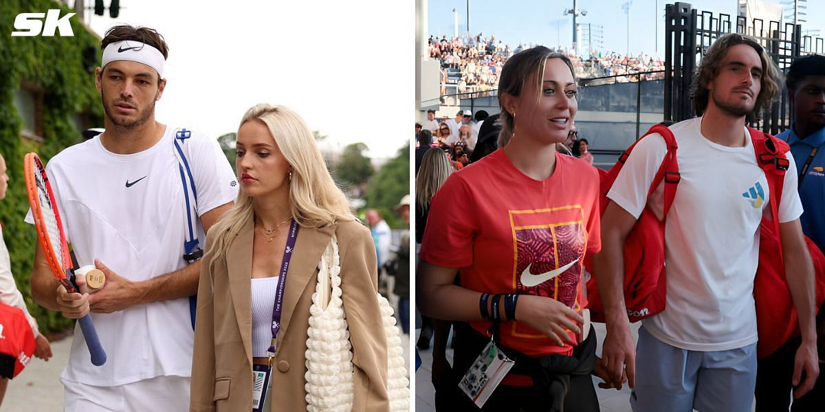 Taylor Fritz and girlfriend Morgan Riddle (L), Paula Badosa and Stefanos Tsitsipas (R)