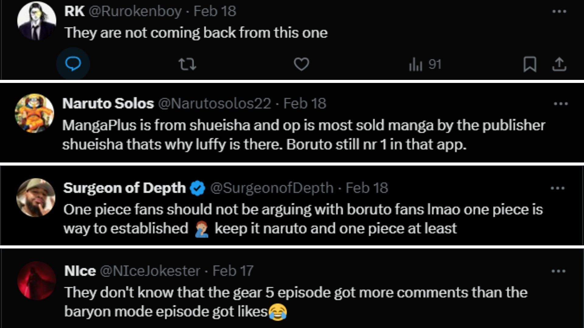 Fans from both Boruto and One Piece anime series fight it off on X platform part 2 (Image via Sportskeeda)