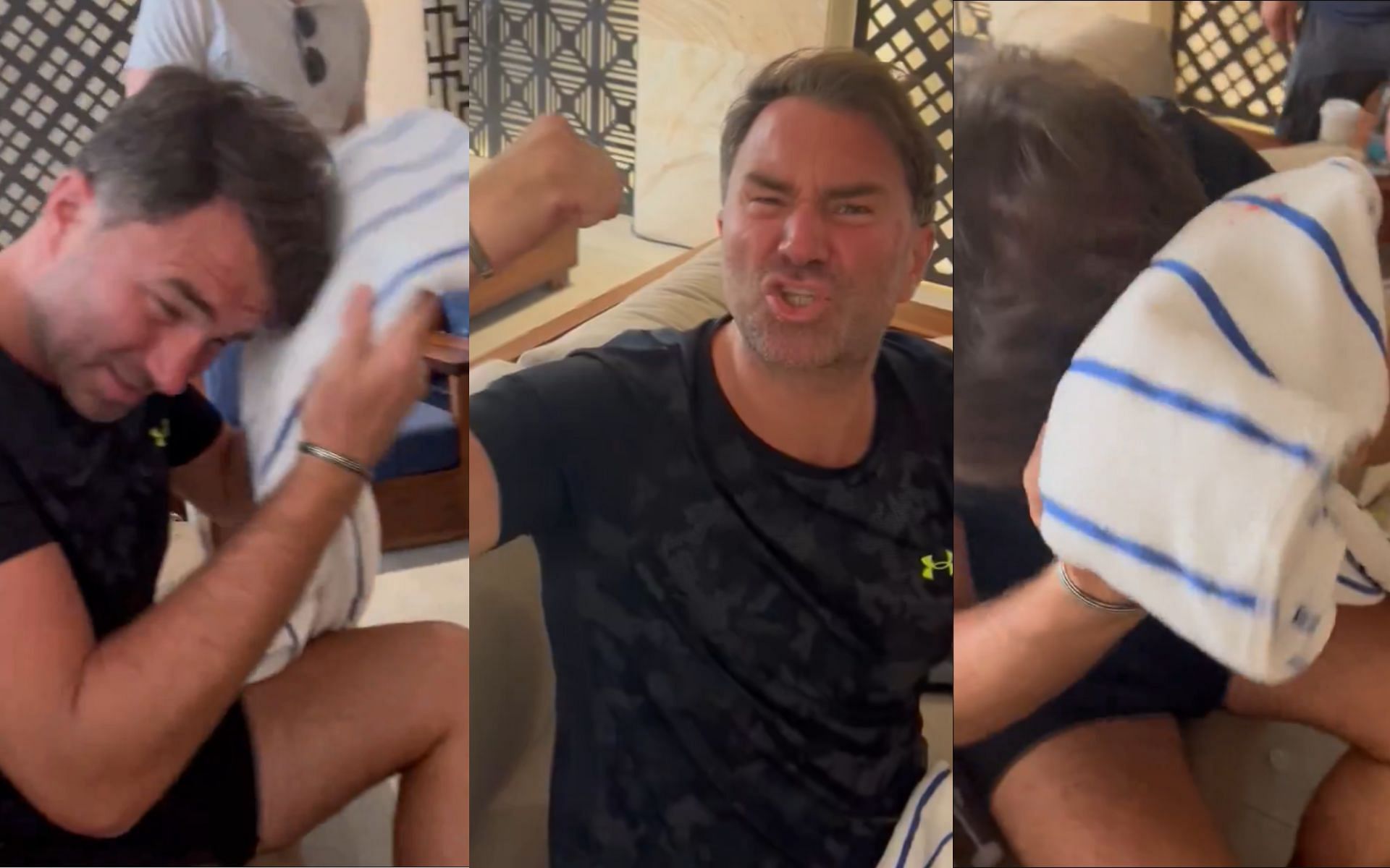 Eddie Hearn reacts after heabutting a pot causing him to need stitches following Eduardo Nunez