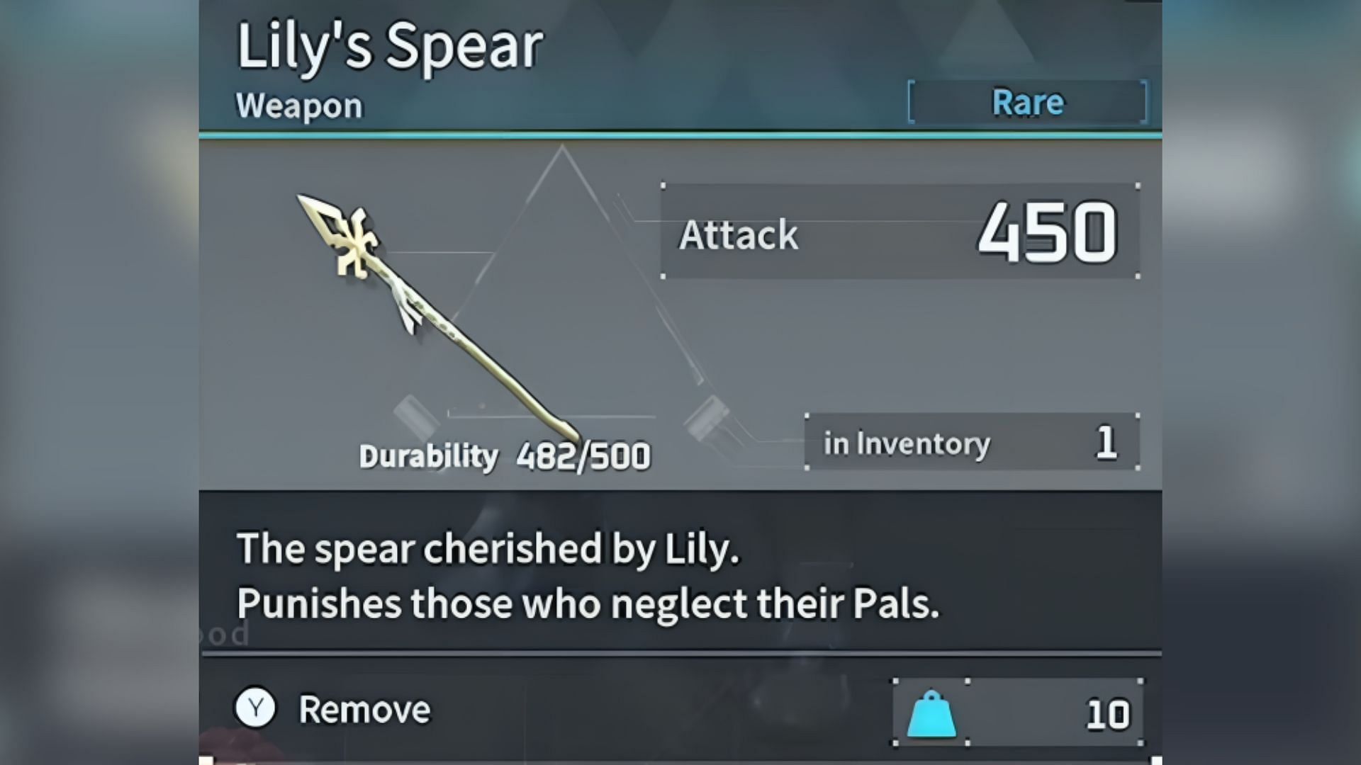 In-game stats of Lily&rsquo;s Spear (Image via Pocket Pair, Inc.)