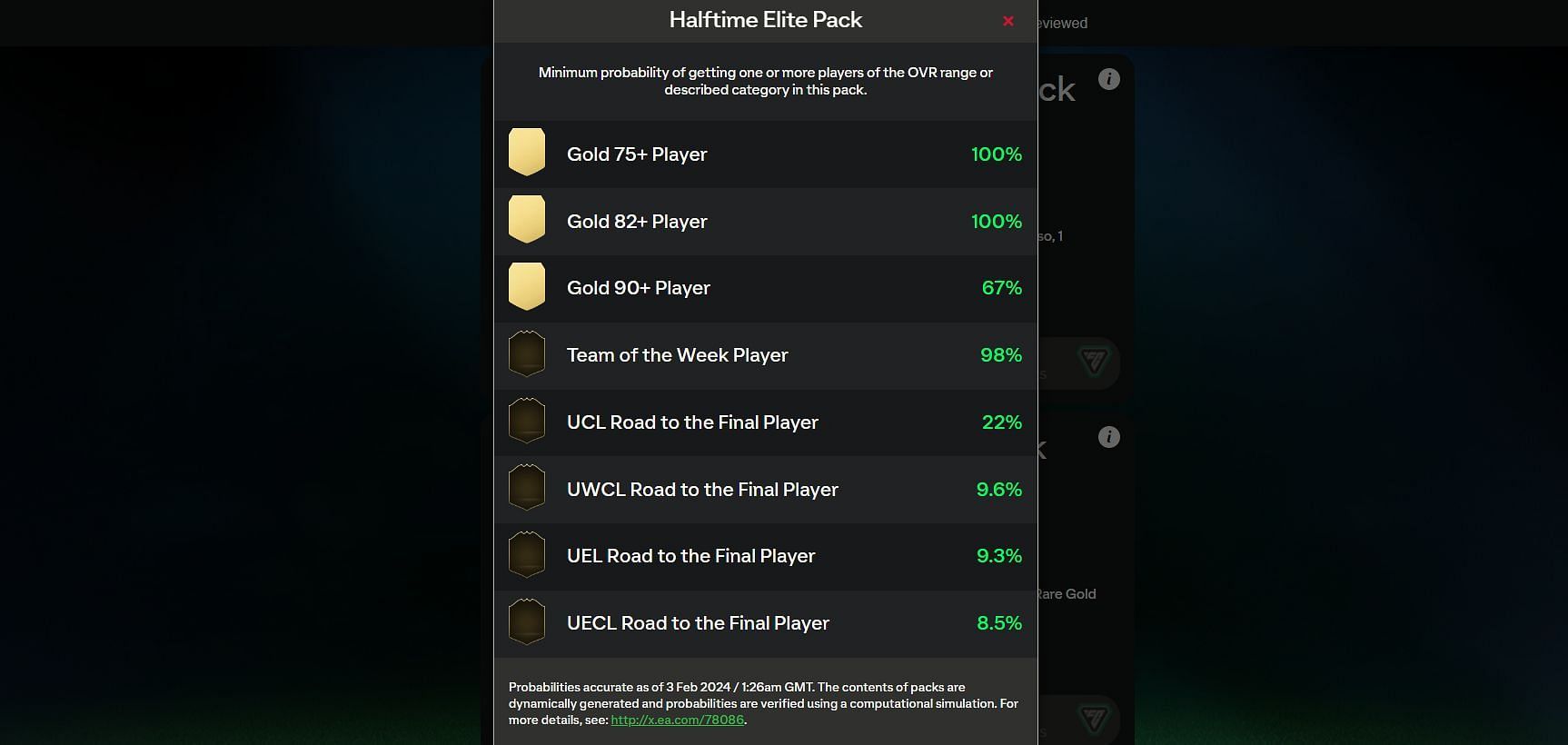 Detailed odds of the pack (Image via EA Sports)