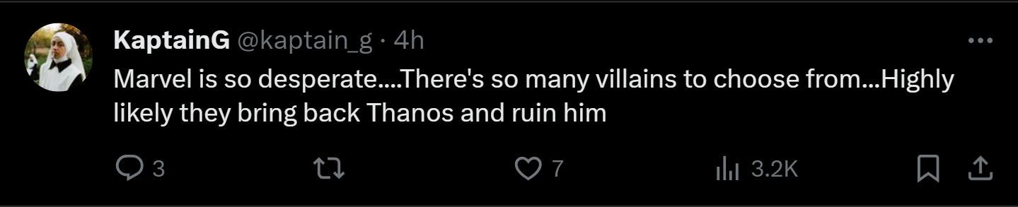 A tweet reply to DF&#039;s post about the return of Thanos (Image via X)