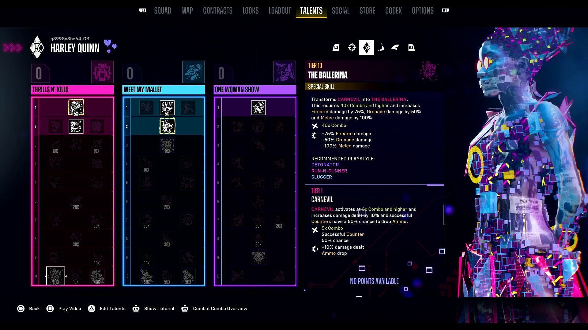 Suicide Squad Kill the Justice League Harley Quinn skill tree (Image via YouTube That Abrax||Warner Bros. Games)