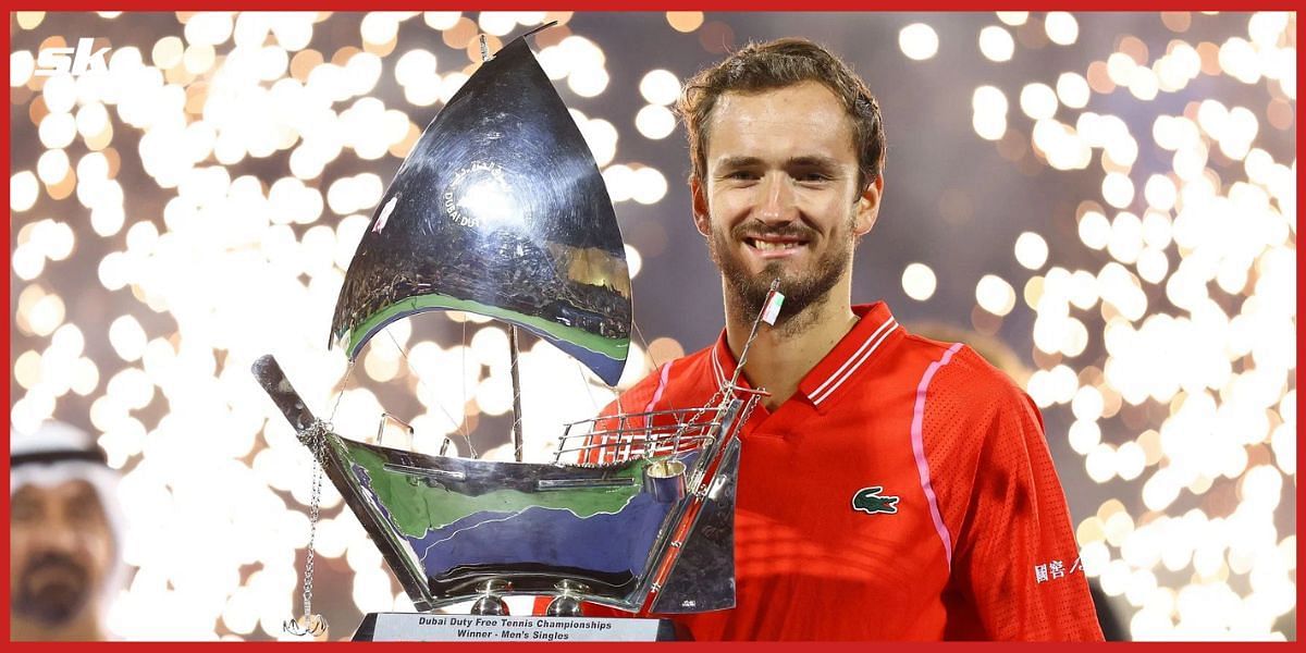 Daniil Medvedev with the Dubai Tennis Championships 2023 trophy.