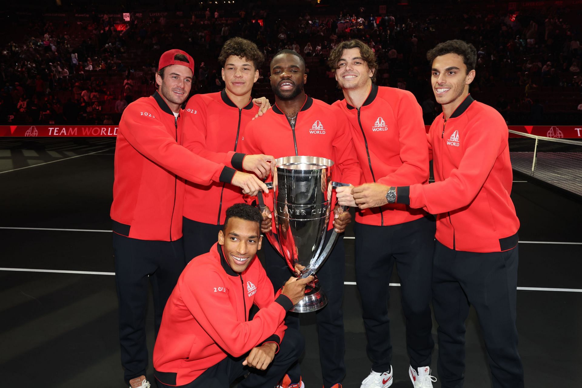 The four American tennis players alongside Felix Auger-Aliassime and Francisco Cerundolo at Laver Cup 2023