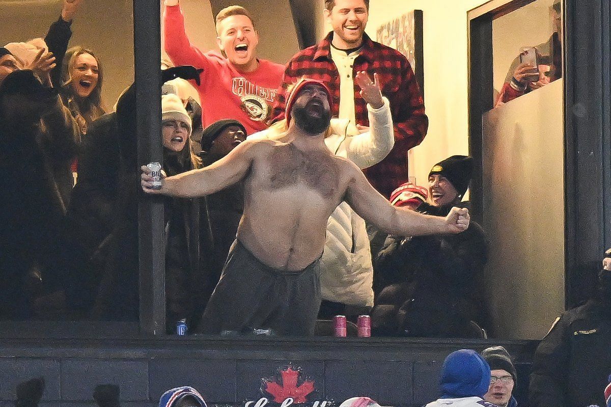 A shirtless Jason Kelce cheering during the Kansas City Chiefs