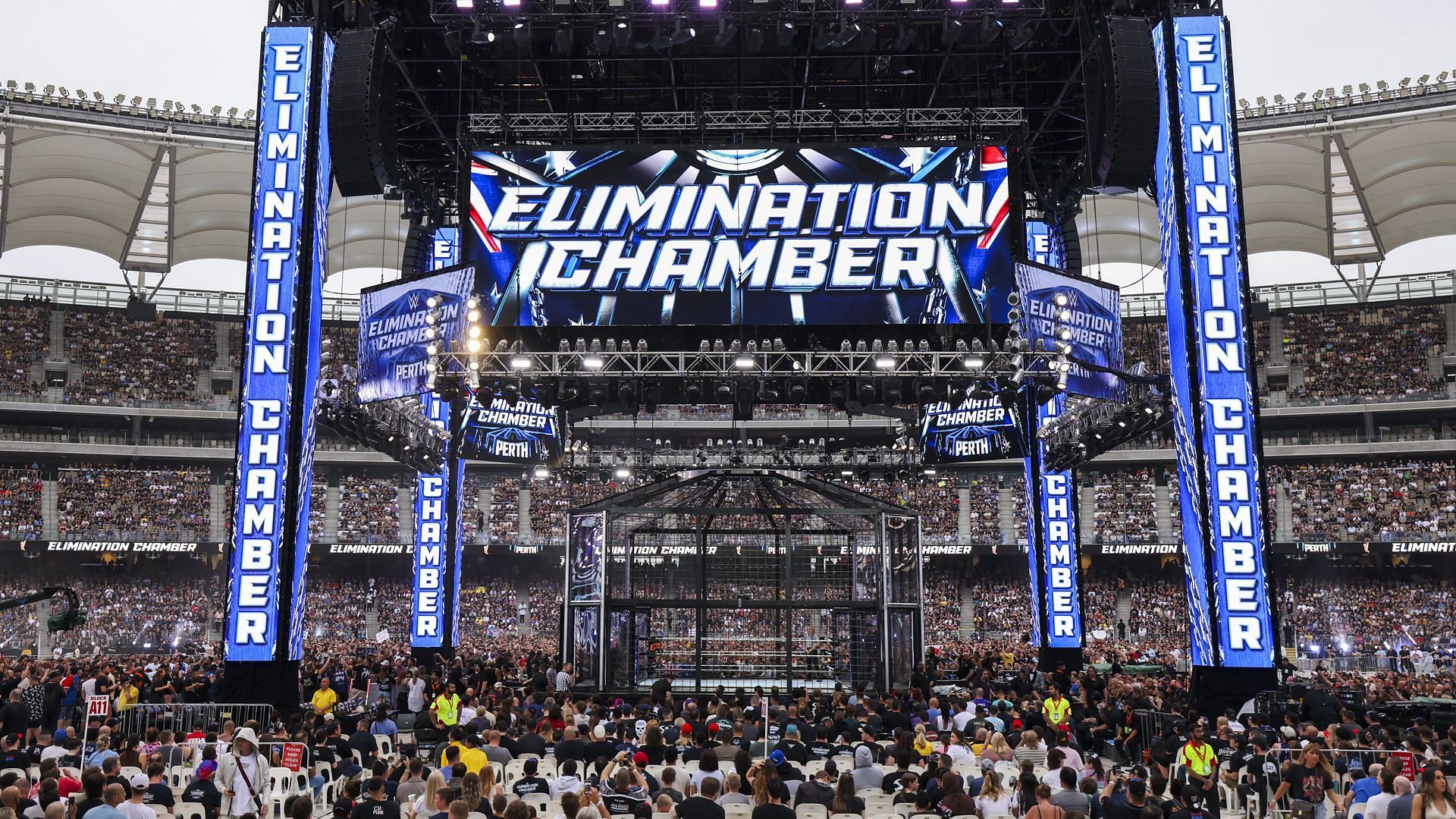 A look at the set for WWE Elimination Chamber at Optus Stadium in Perth