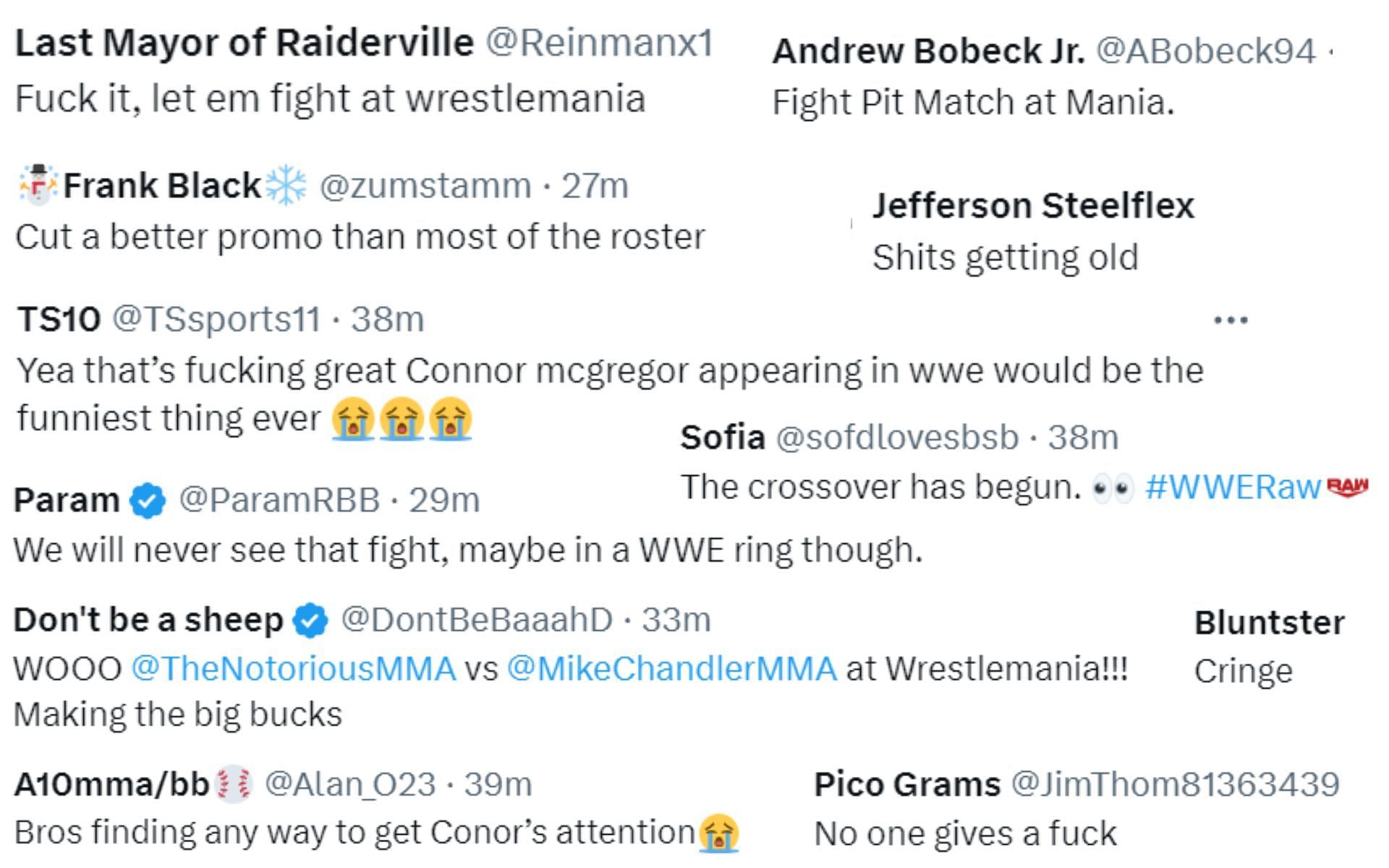 Screenshot of fan reactions to Wrestle ops and Ariel Helwani's post on X